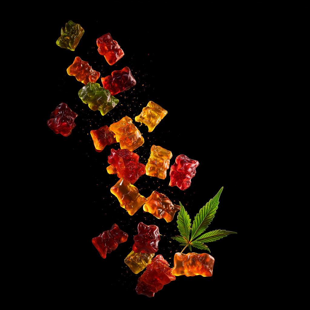 Cannabis gummies falling against black background