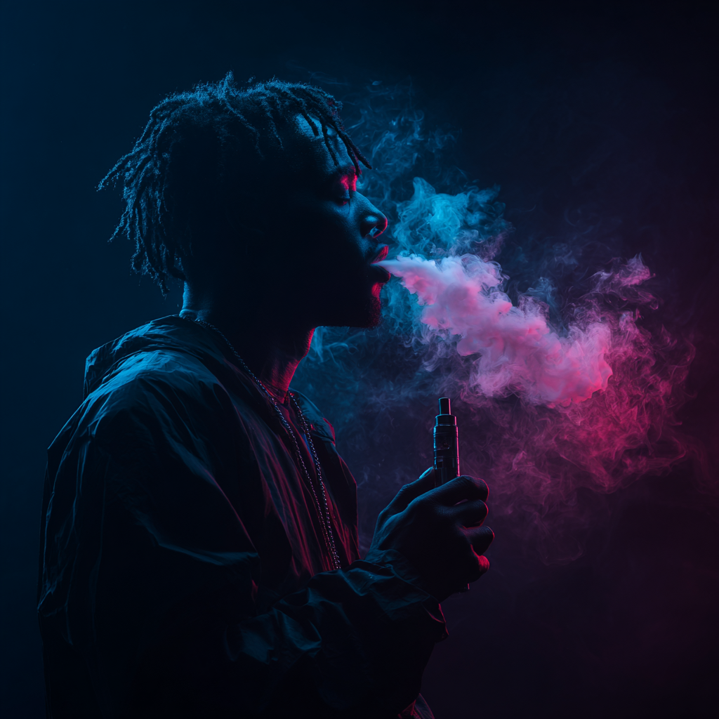 Person vaping with futuristic cannabis vape